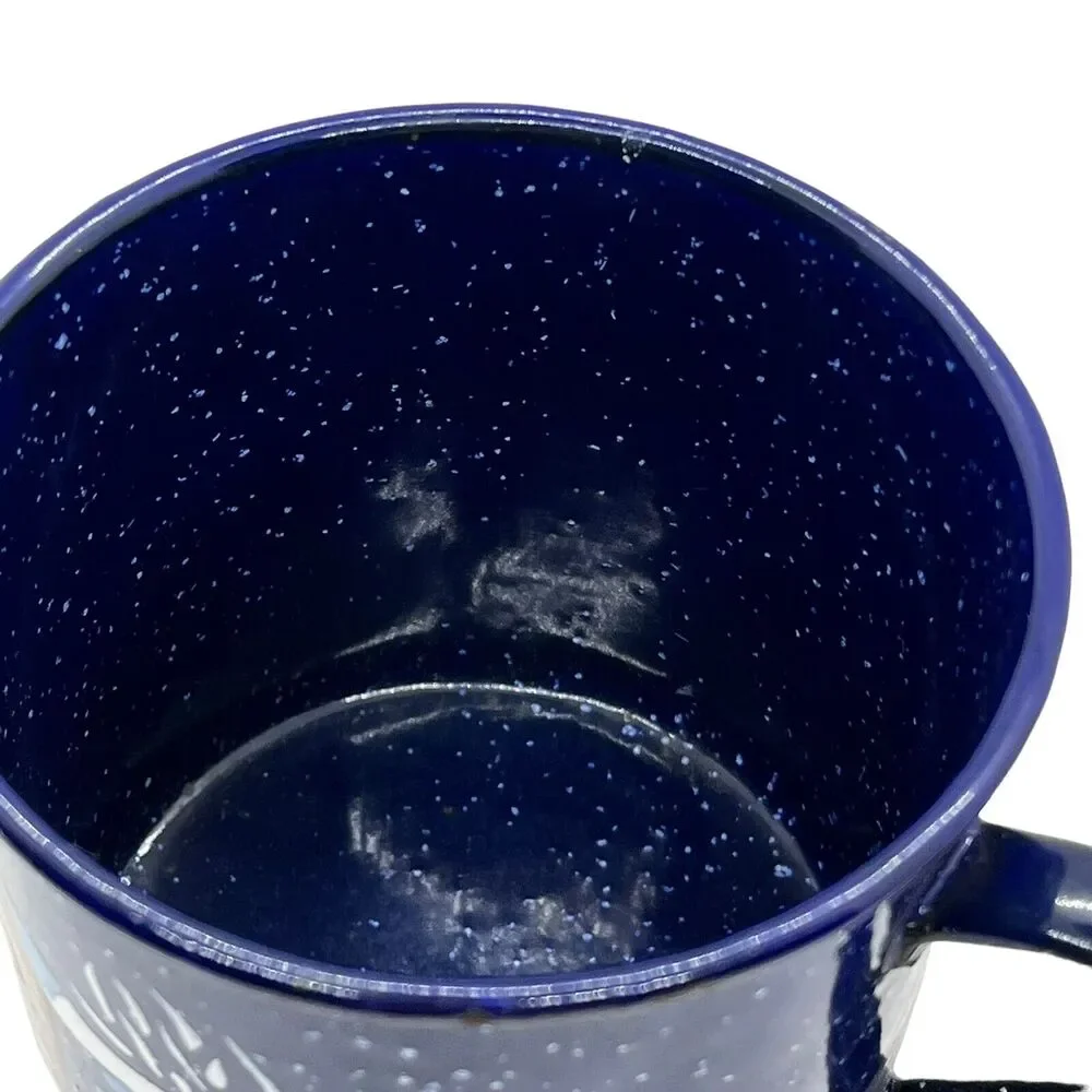 Coffee Mug Blue Speckled Enamel Graniteware Man BBQ Cooking Brick Oven Decor